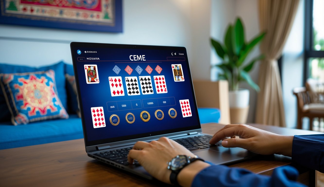 Seorang pemain menggunakan laptop untuk bermain permainan kartu Ceme secara online di ruang bermain yang nyaman dengan dekorasi batik.