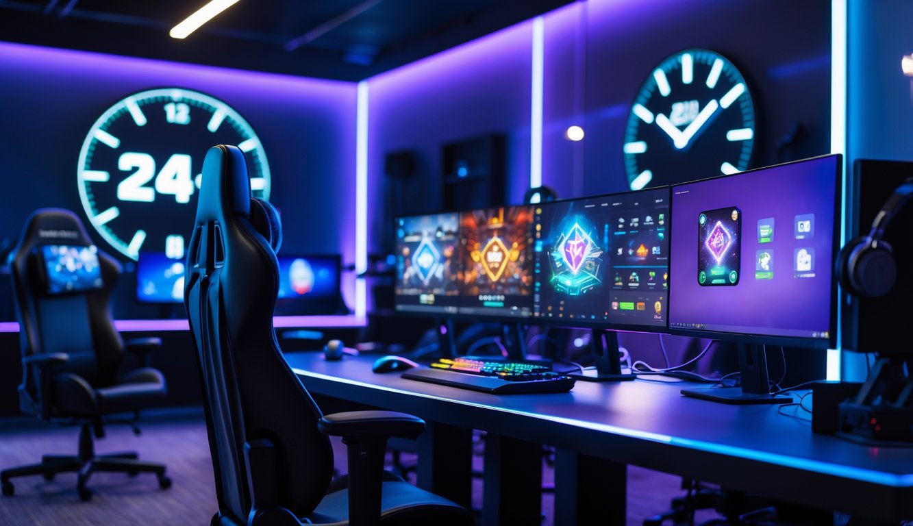 Ruang kerja modern dengan komputer dan monitor yang menampilkan permainan kartu digital, lampu LED biru dan ungu, serta jam digital besar yang menunjukkan waktu.