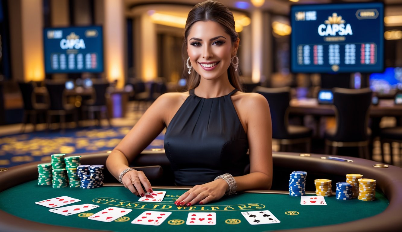 Seorang dealer kasino wanita duduk di meja permainan Capsa dengan kartu dan chip, tersenyum dan siap melayani pemain.