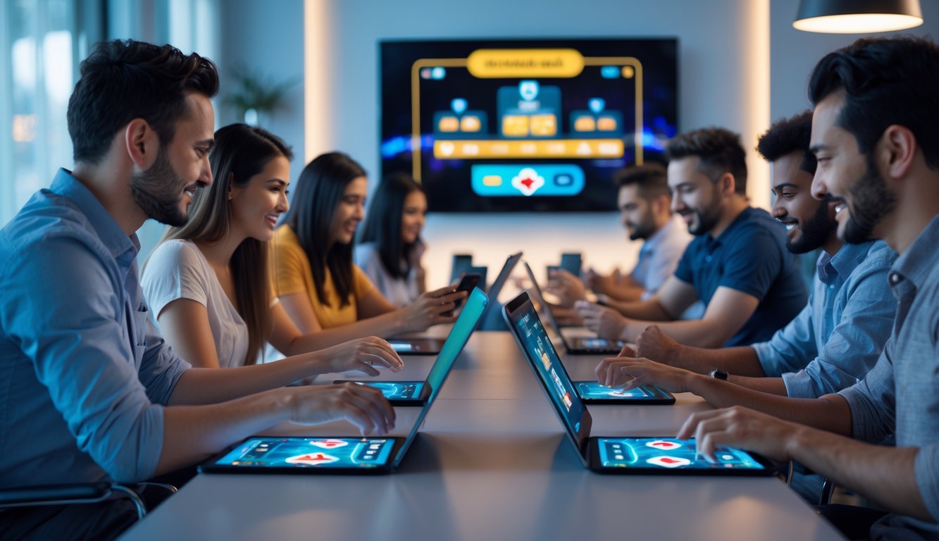 Beberapa orang bermain permainan kartu secara online menggunakan laptop dan perangkat mobile di ruangan modern yang nyaman.