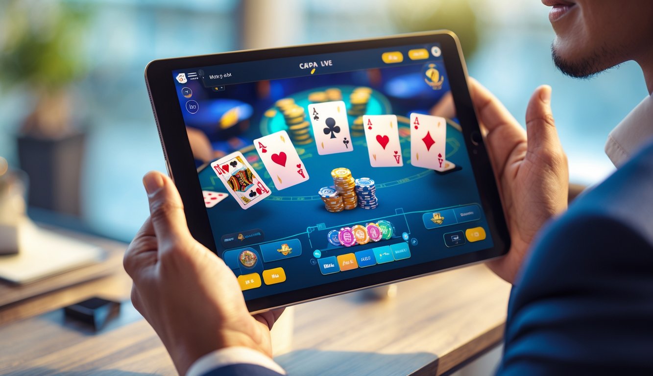 Seseorang memegang tablet yang menampilkan permainan Capsa Live dengan kartu dan chip di layar.
