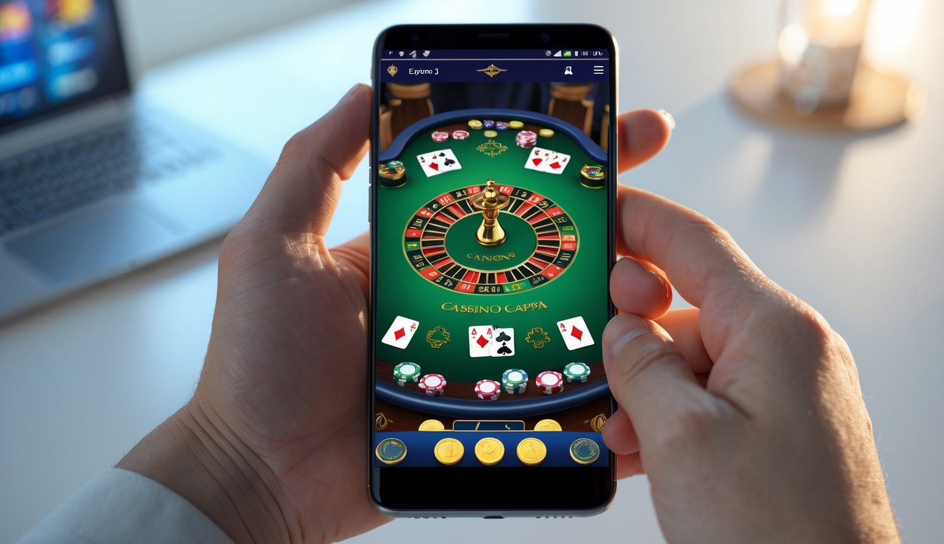 Sebuah ponsel Android menampilkan permainan kartu Casino Capsa dengan kartu dan chip di layar.