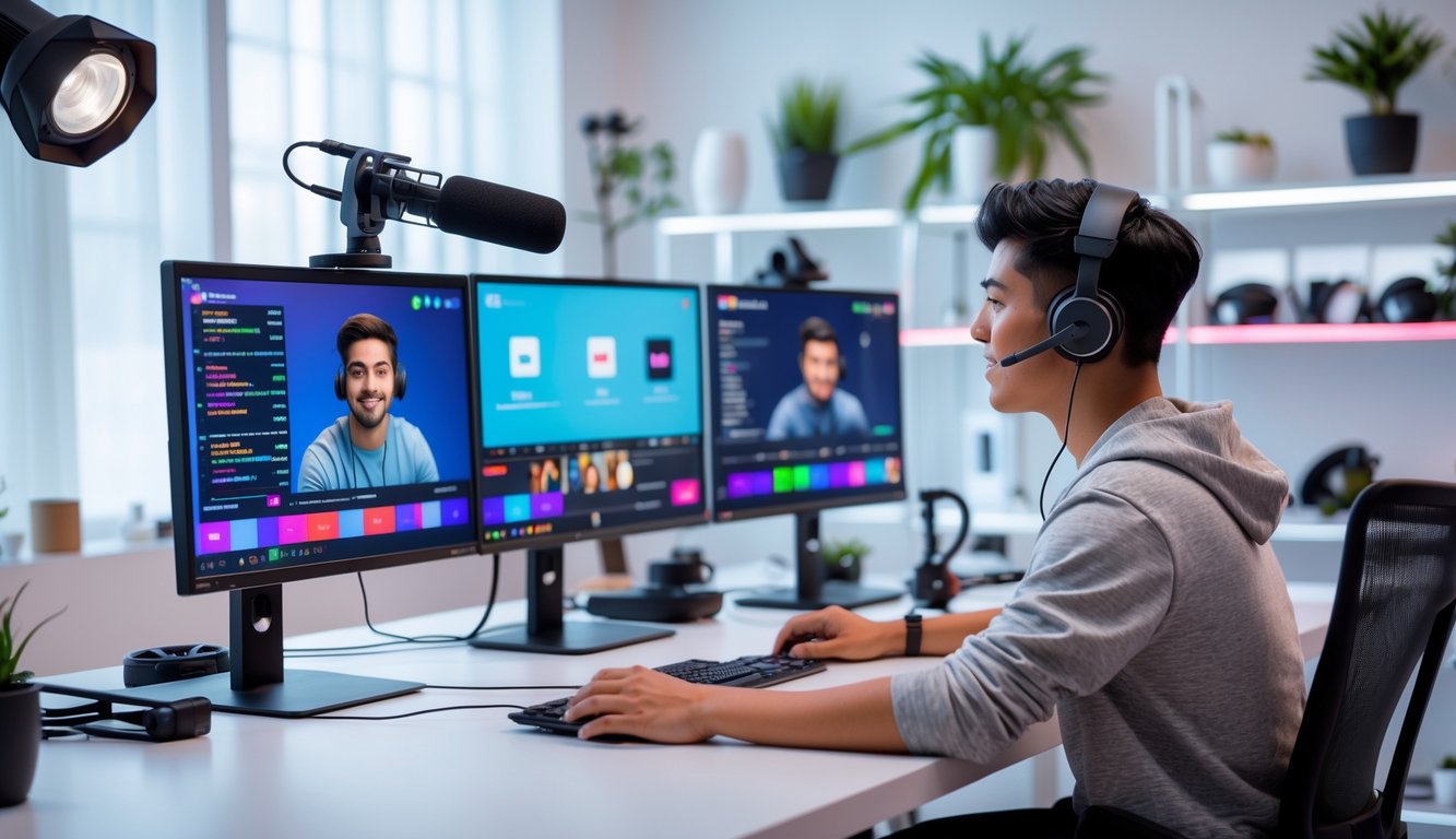 Seorang pembuat konten muda sedang melakukan siaran langsung di studio dengan peralatan streaming profesional.