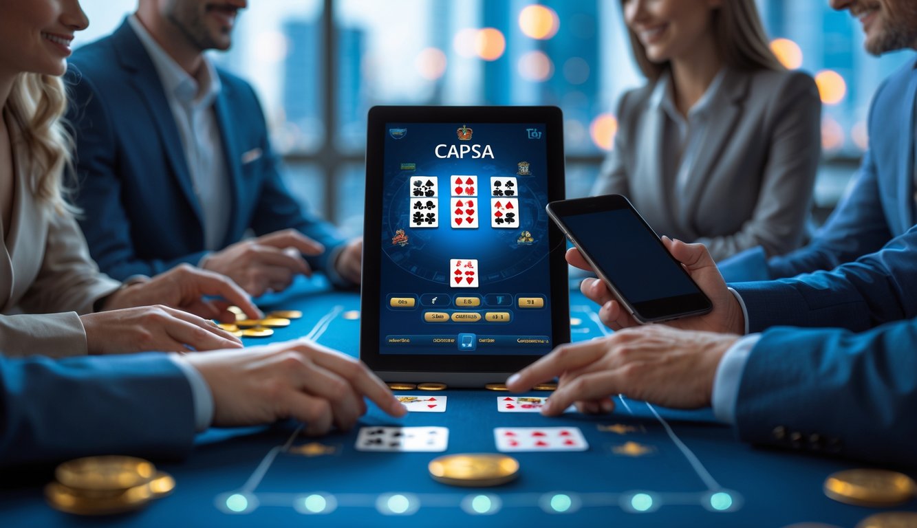 Meja permainan Capsa online dengan tangan pemain menggunakan perangkat digital di lingkungan modern.