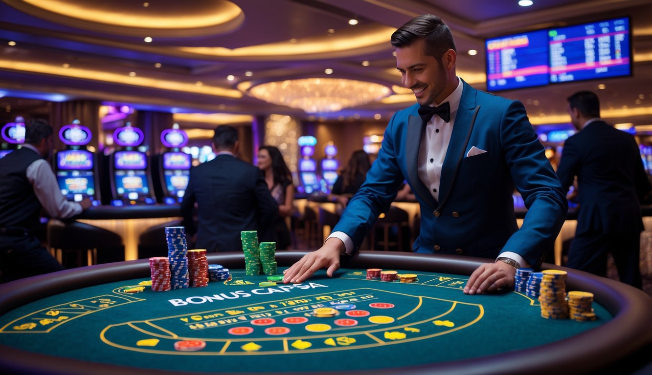 Suasana kasino langsung dengan dealer dan pemain yang sedang bermain kartu di meja kasino yang terang dan modern.