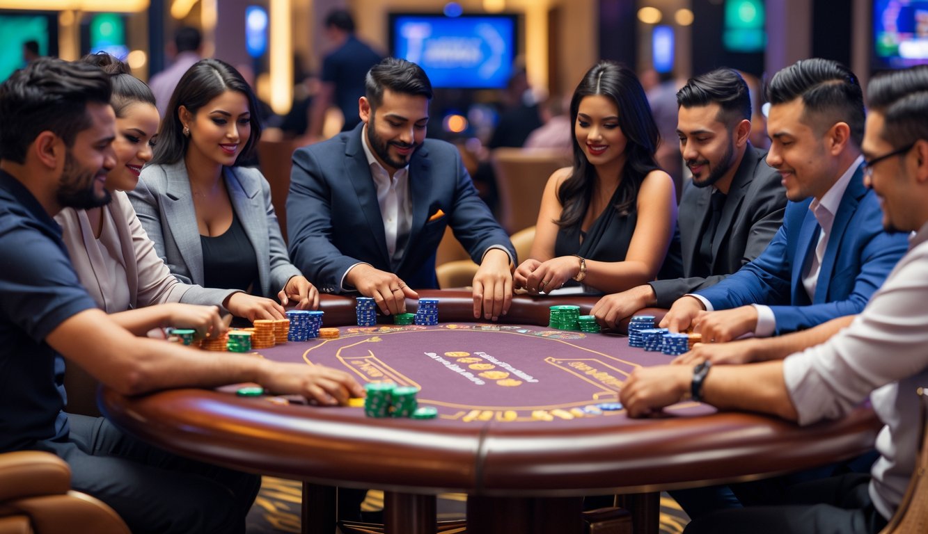 Beberapa pemain duduk di sekitar meja poker sedang bermain Capsa Poker Live dengan suasana kasino yang terang dan ramai.