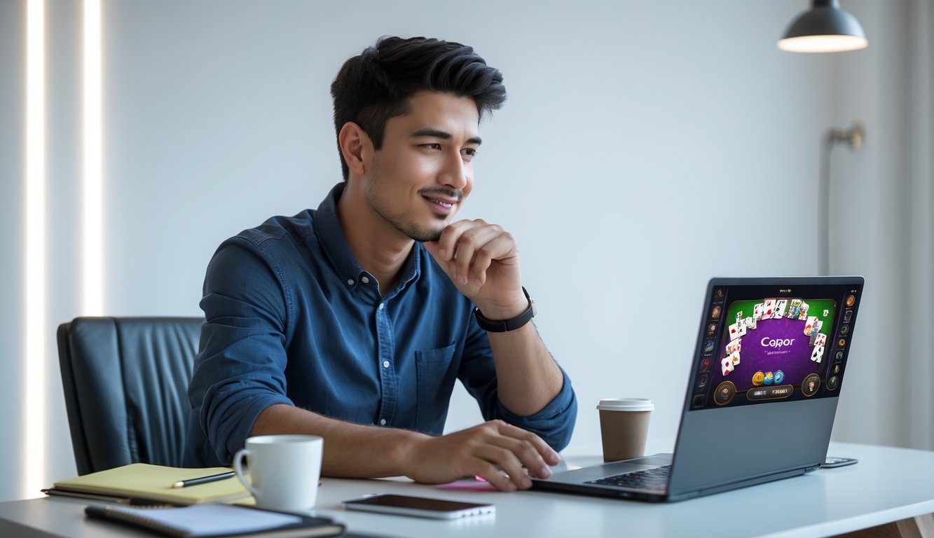 Seorang pria muda duduk di meja dengan laptop, fokus bermain permainan kartu online Capsa Live.