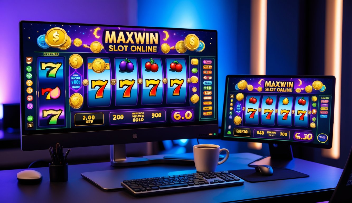 Sebuah komputer dengan layar menampilkan permainan mesin slot online di sebuah ruangan dengan pencahayaan biru dan ungu.