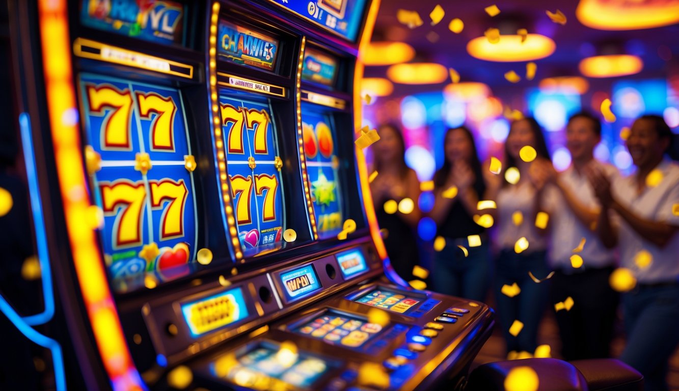 Suasana kasino dengan mesin slot yang sedang menampilkan kemenangan jackpot, dikelilingi oleh cahaya warna-warni dan konfeti, dengan orang-orang yang bersorak di latar belakang.