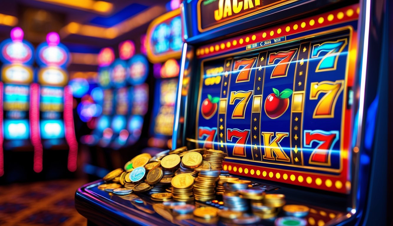 Mesin slot kasino dengan koin dan chip yang melimpah menandakan kemenangan besar.