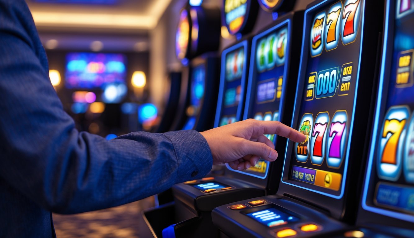 Tangan seseorang sedang menggunakan mesin slot digital di ruang permainan dengan pencahayaan hangat dan suasana mewah.