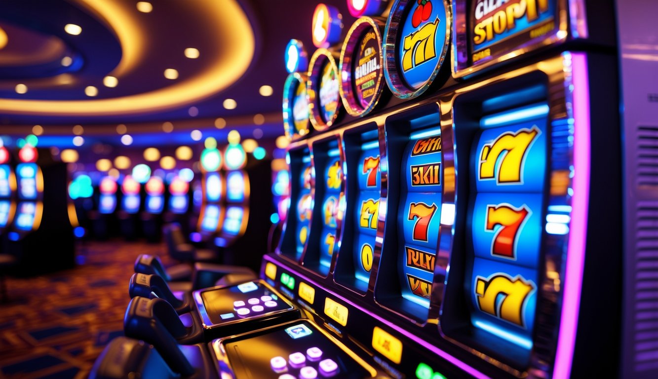 Mesin slot kasino modern dengan lampu warna-warni dan gulungan yang berputar di dalam suasana kasino yang ramai.