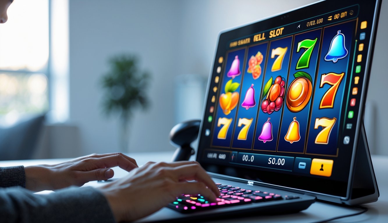 Seseorang sedang bermain game slot online di komputer dengan tampilan layar penuh warna di ruangan yang rapi.