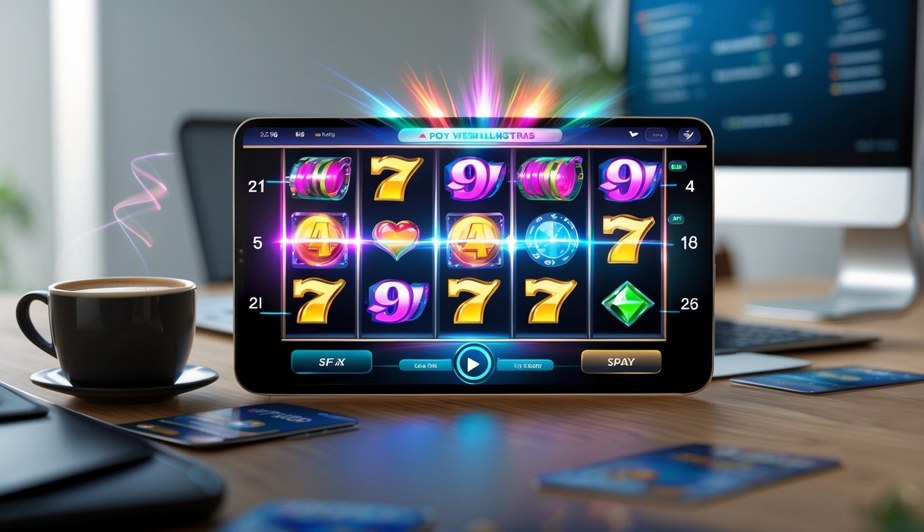 Seseorang menggunakan perangkat digital dengan tampilan permainan mesin slot berwarna-warni di layar.