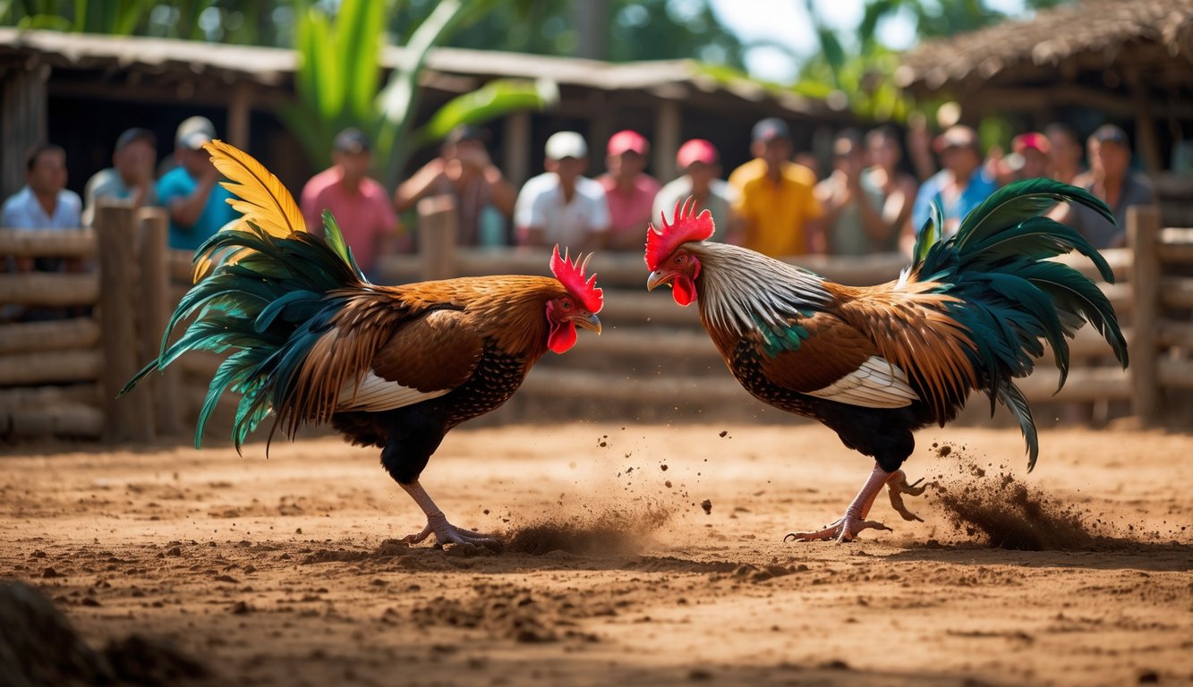 Dua ayam jantan sedang bertarung dalam arena tanah dengan penonton di sekelilingnya.