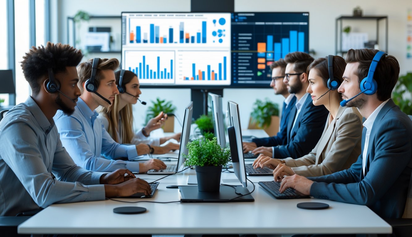 Sekelompok profesional muda sedang melakukan panggilan video di kantor modern dengan komputer dan layar digital.