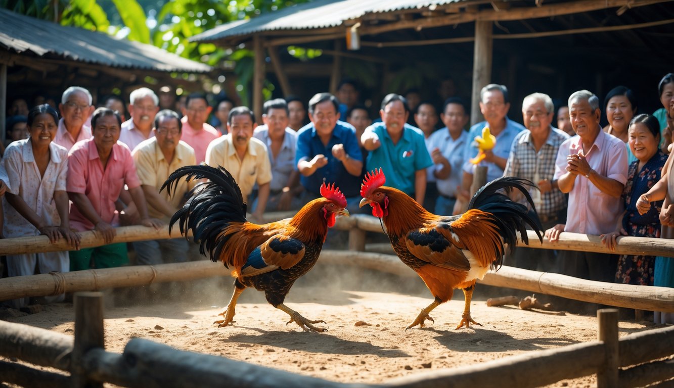 Dua ayam jago sedang bertarung di arena kayu dengan penonton yang antusias di sekitarnya dalam suasana pedesaan.