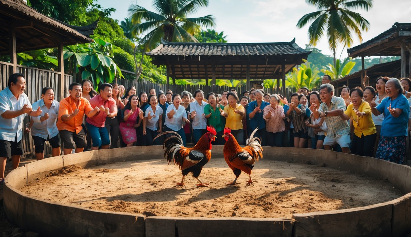Sekelompok orang menonton sabung ayam tradisional di arena terbuka dengan latar belakang pepohonan tropis dan bangunan tradisional.