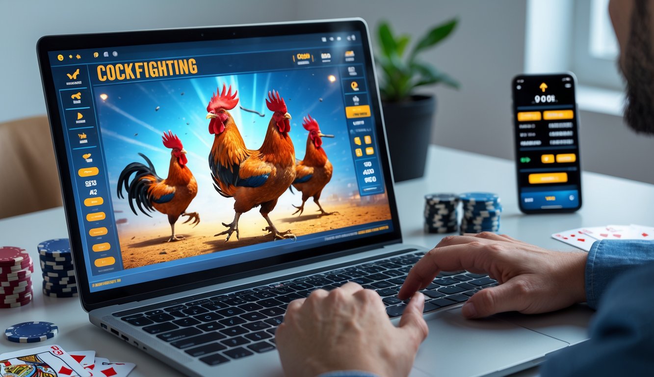 Tampilan layar komputer dengan permainan sabung ayam online yang sedang berlangsung, dikelilingi oleh chip poker dan kartu remi di atas meja.