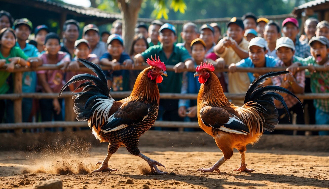 Dua ayam jago sedang bertarung di arena terbuka dengan penonton yang memperhatikan dengan serius.