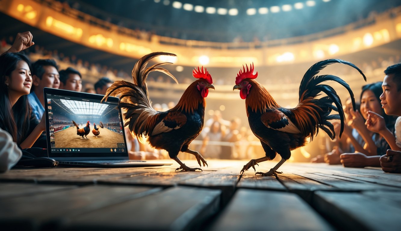 Dua ayam jago sedang bertarung di arena dengan penonton yang memperhatikan di sekeliling.