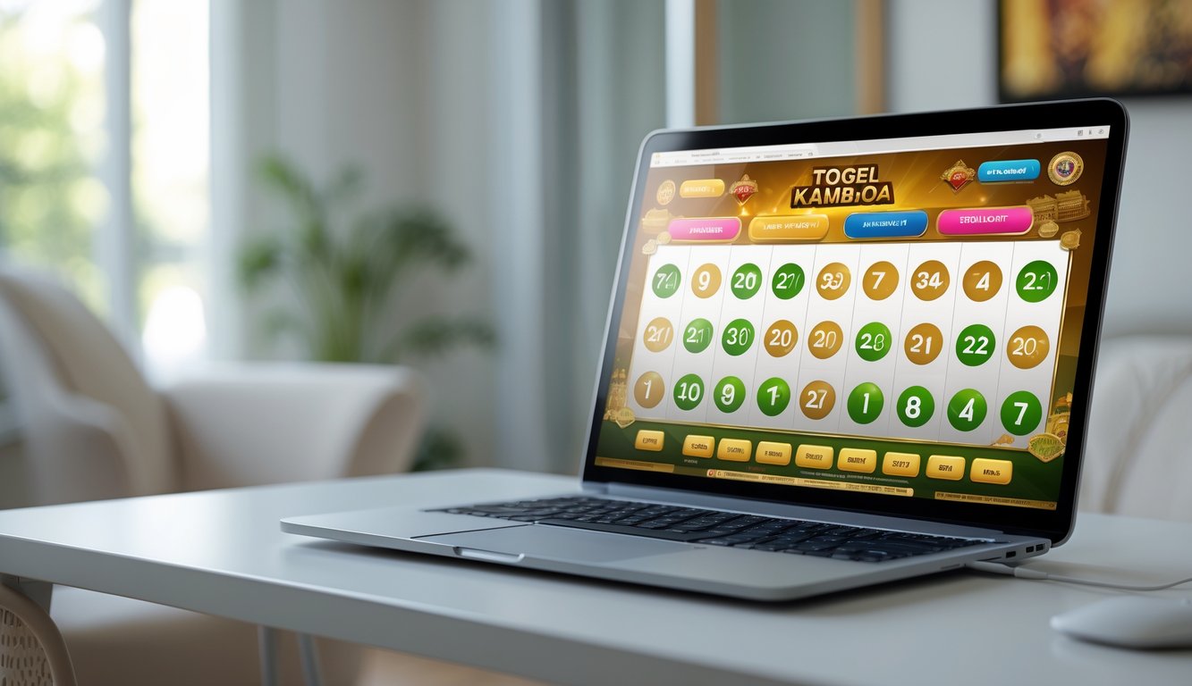 Seorang pengguna duduk di depan komputer dengan tampilan antarmuka permainan togel online yang berwarna-warni di layar, di ruang kerja modern yang rapi.