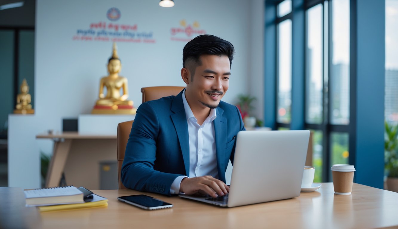 Seorang pria Asia Tenggara duduk di meja kantor modern sambil menggunakan laptop untuk bermain lotere online dengan latar belakang elemen budaya Kamboja.