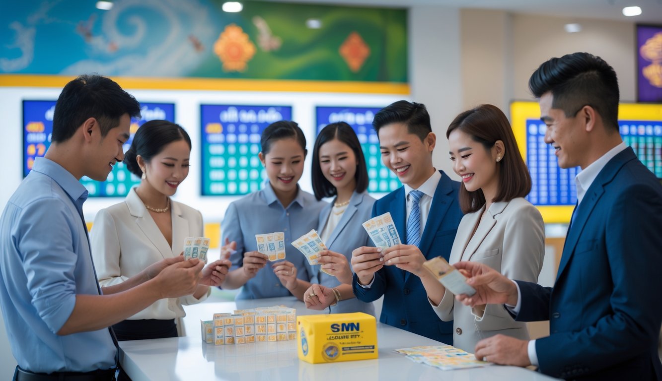 Sekelompok orang di dalam ruangan sedang memeriksa tiket lotere dan berdiskusi dengan latar belakang elemen budaya Kamboja.