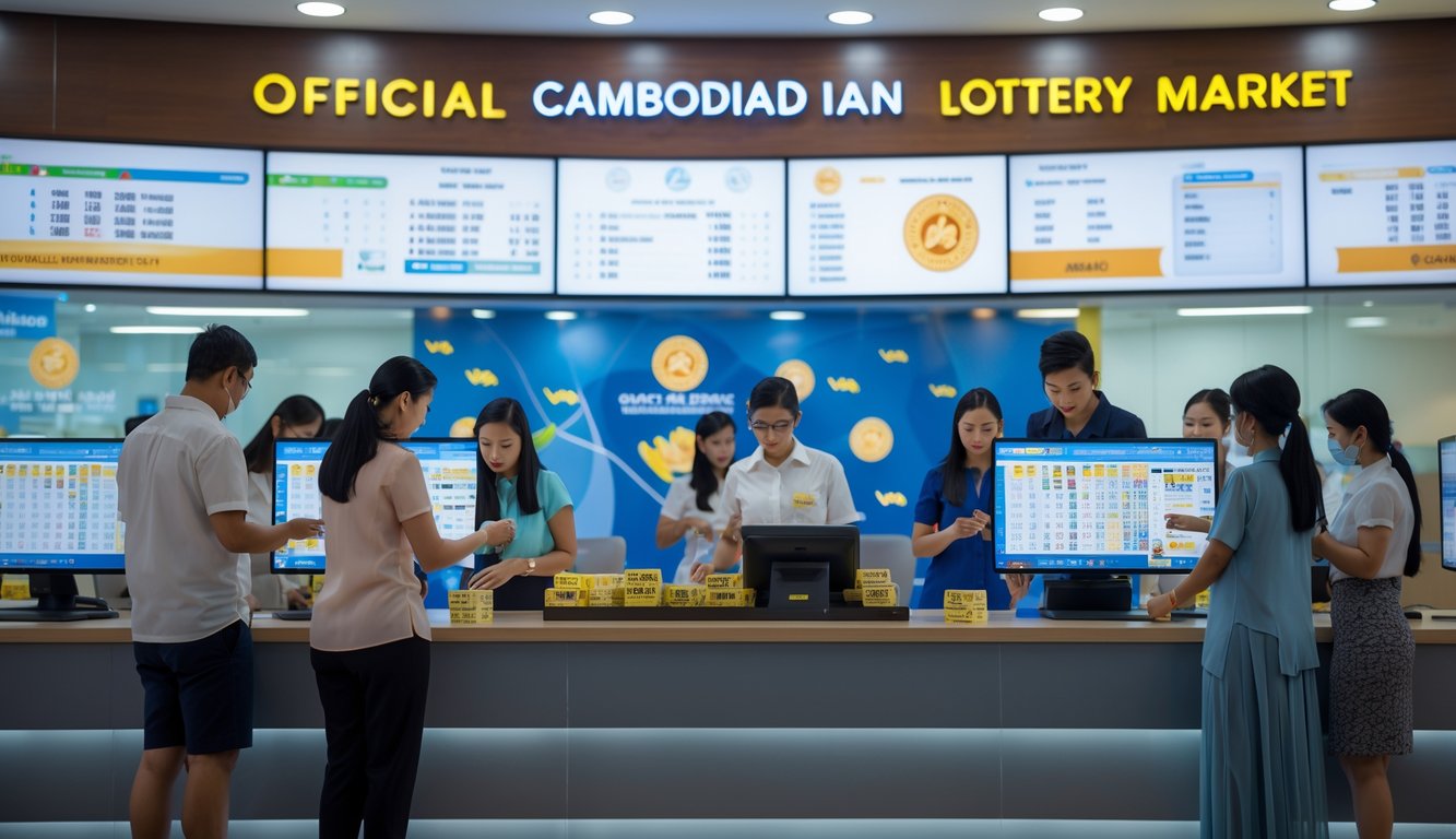 Orang-orang di kantor lotere modern yang resmi di Kamboja sedang membeli tiket dan memeriksa hasil di layar digital.
