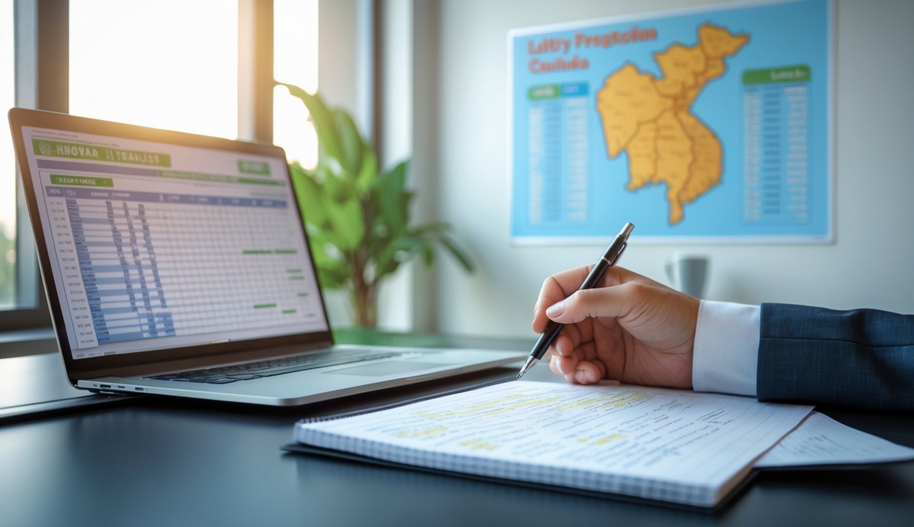 Sebuah kantor modern dengan meja yang memiliki laptop dan catatan prediksi togel, latar belakang menampilkan peta Kamboja.
