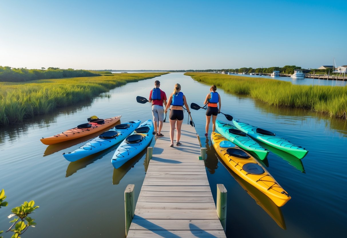 People preparing kayaks and paddleboards on a wooden dock by calm water surrounded by green marshlands near Bacliff, Texas.