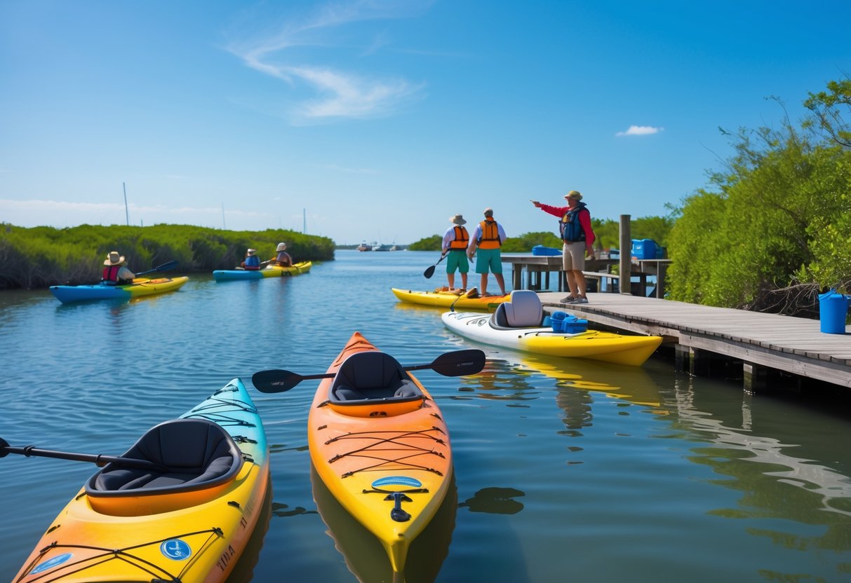 People preparing kayaks and paddleboards near a wooden dock on calm coastal waters surrounded by green marshland.