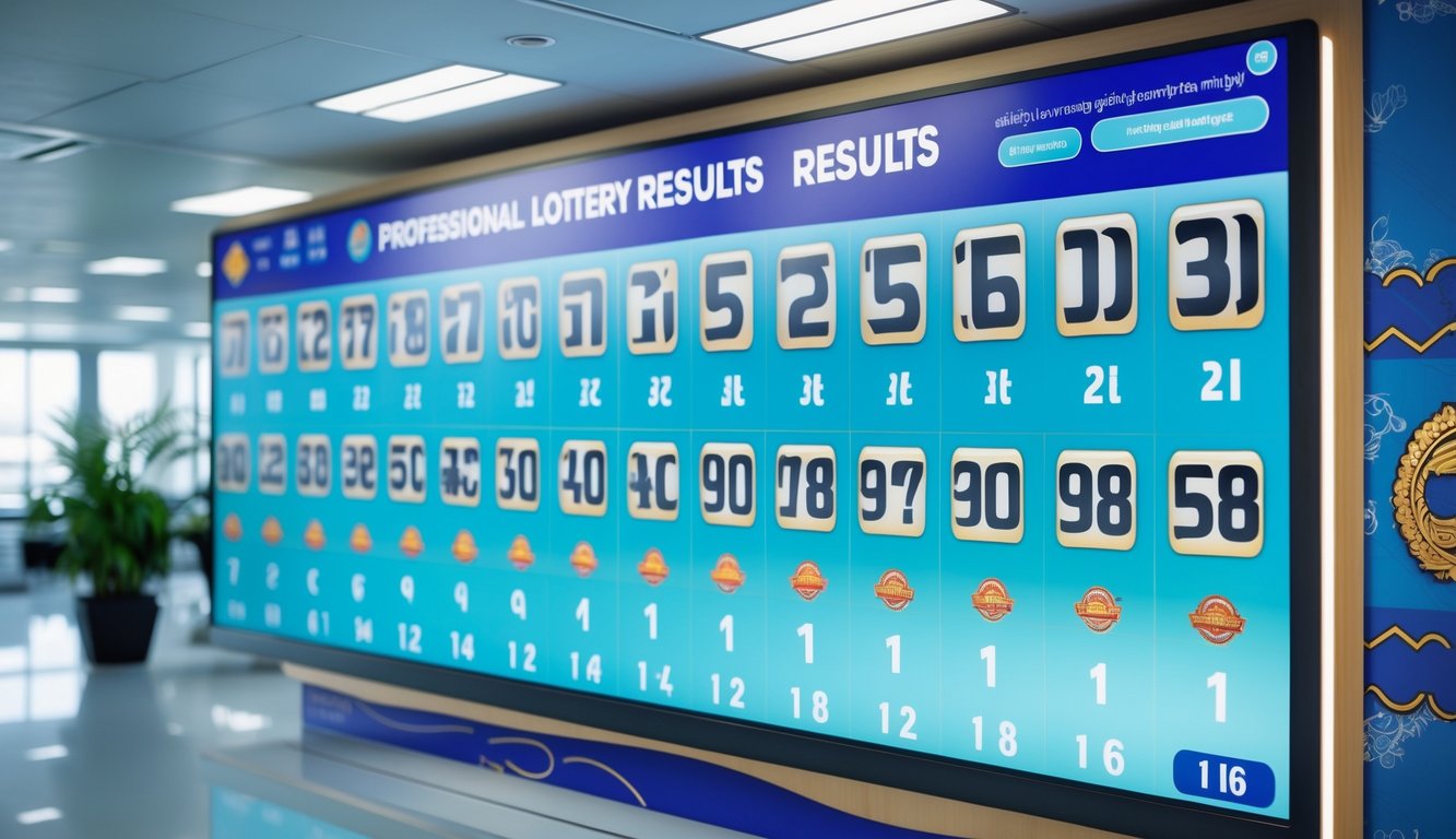 Papan hasil togel digital dengan angka yang jelas di lingkungan kantor modern dengan elemen budaya Kamboja.