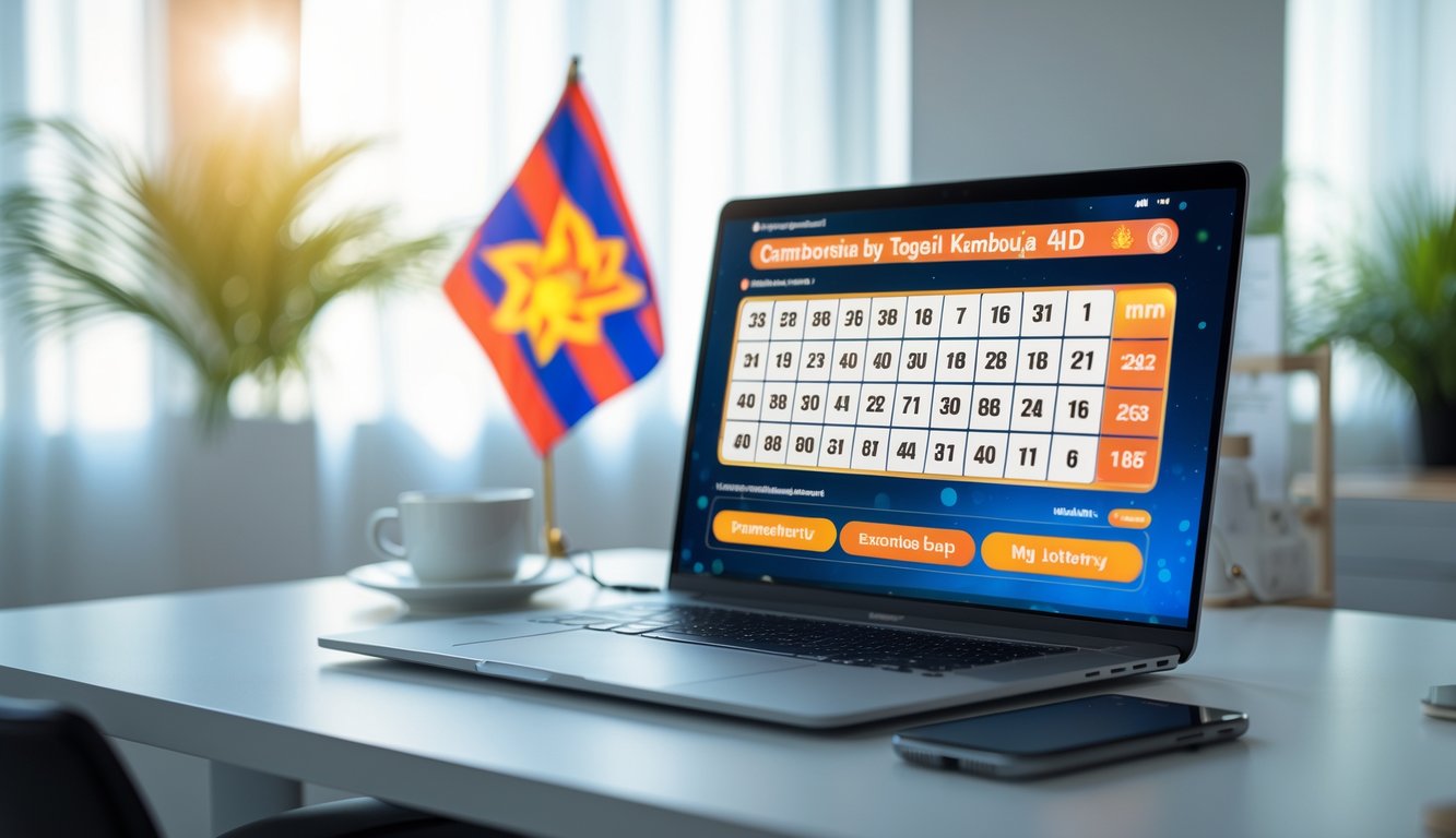 Meja kerja dengan laptop yang menampilkan antarmuka lotre digital, bendera kecil Kamboja di latar belakang, ponsel, dan cangkir kopi di sampingnya.
