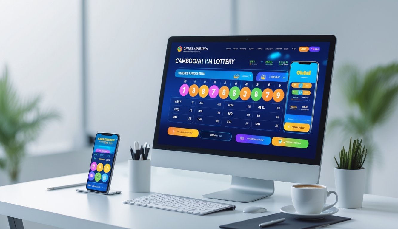 Seorang pengguna duduk di depan komputer dengan layar menampilkan antarmuka lotere online, dikelilingi oleh ponsel, cangkir kopi, dan alat tulis di atas meja.