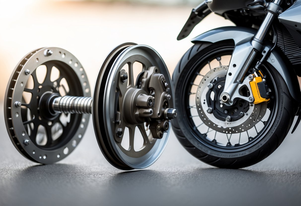 Close-up view of old drum brake and modern disc brake components for motorcycles arranged side by side.