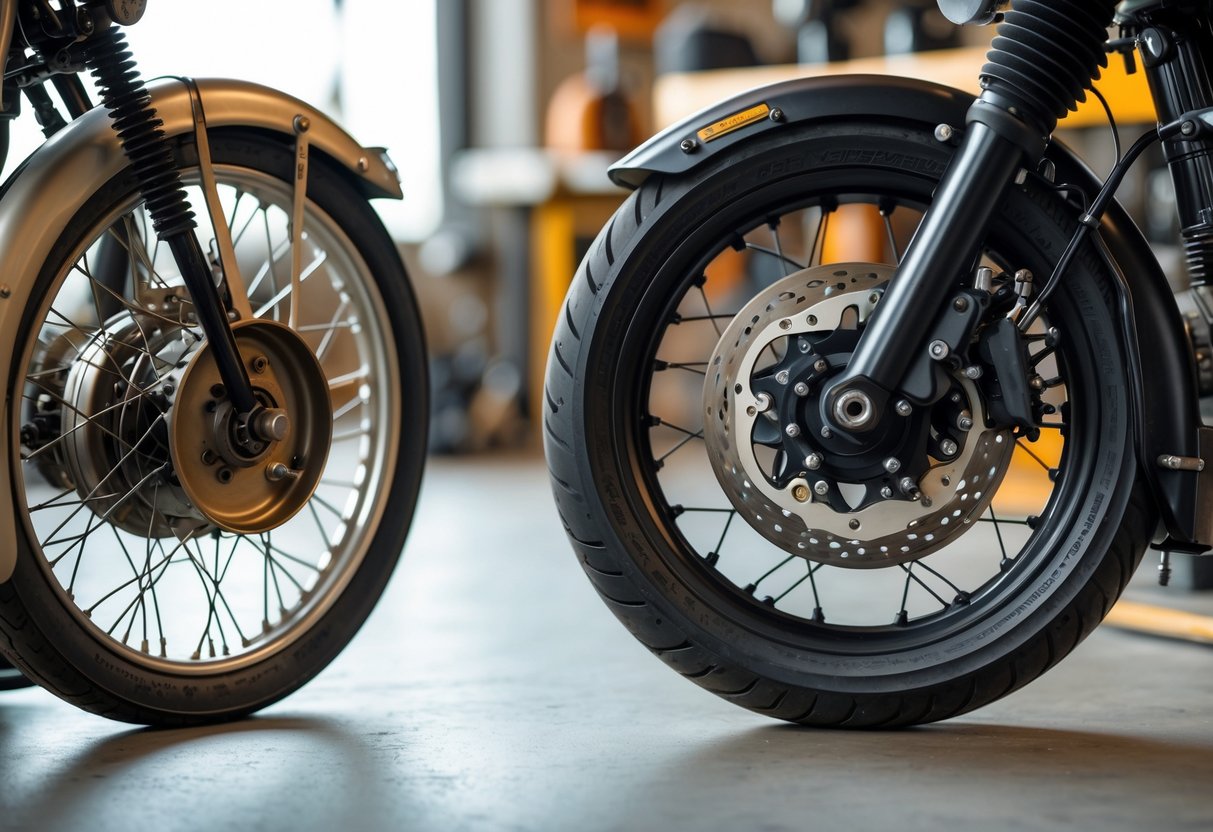 Close-up of a vintage motorcycle wheel with a drum brake next to a modern motorcycle wheel with a disc brake in a workshop setting.
