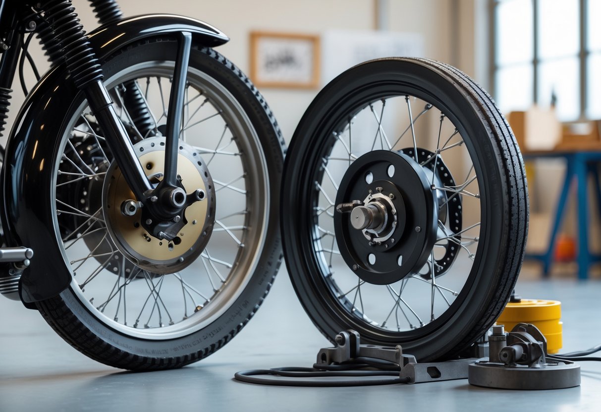 Close-up of vintage and modern motorcycle drum brake assemblies side by side in a workshop setting.