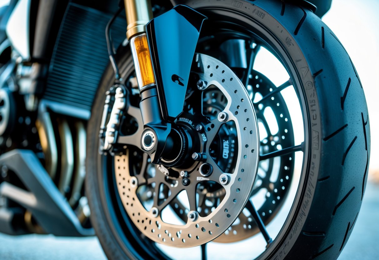 Close-up of a motorcycle front wheel showing a detailed disc brake system with rotor and caliper.