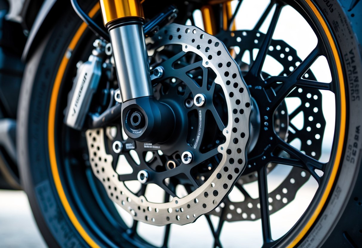 Close-up view of a motorcycle brake system showing the brake disc, caliper, and hydraulic lines.