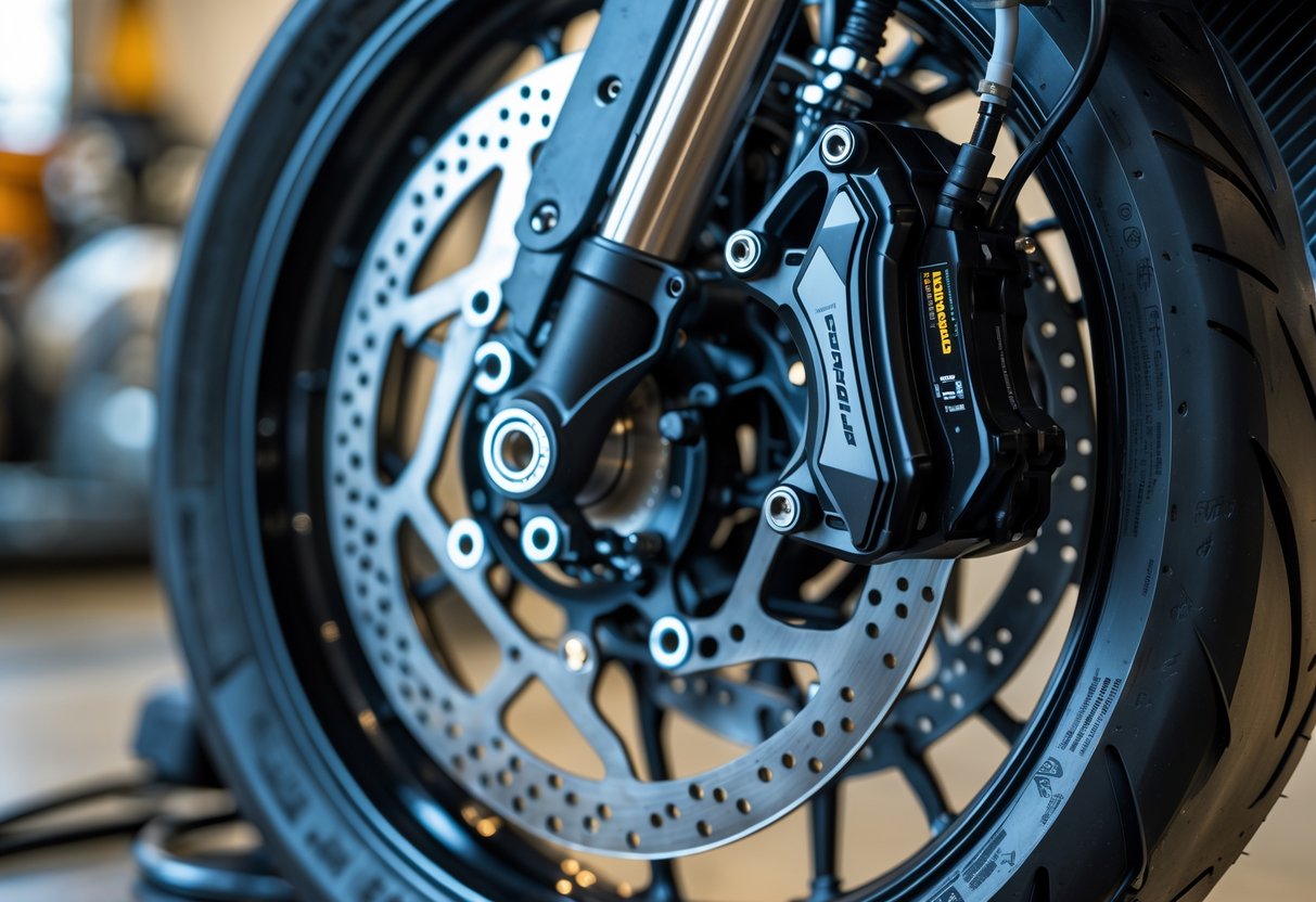 Close-up of a motorcycle wheel showing the brake disc, caliper, and electronic components.