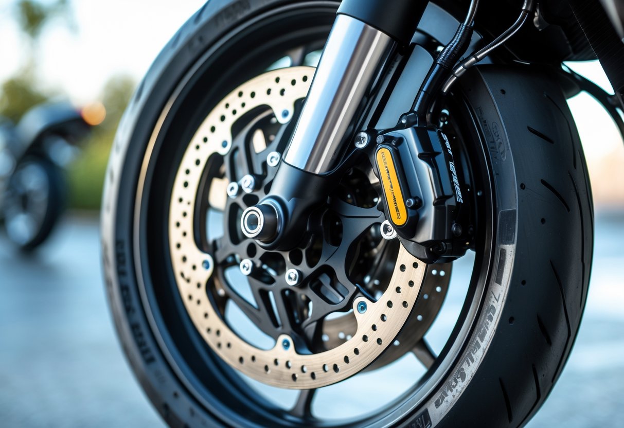 Close-up of a motorcycle brake system showing the brake disc and caliper on a motorcycle wheel.