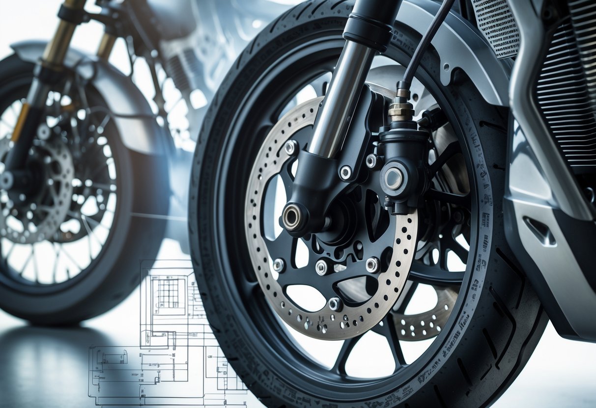 Close-up view of a modern motorcycle brake system with a faded image of an old drum brake and faint engineering diagrams in the background.