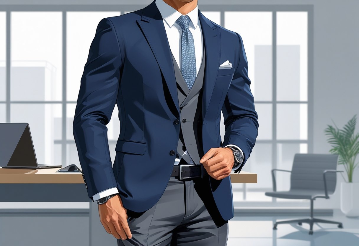 A manager wearing a navy blazer, white shirt, gray pants, and black shoes standing confidently in a modern office holding a tablet.