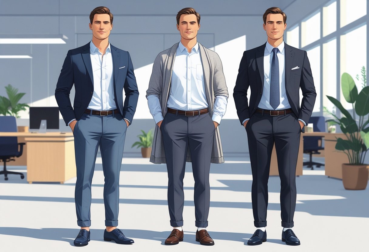 Three male managers standing side by side in different professional outfits representing smart casual, business casual, and formal dress codes in an office setting.
