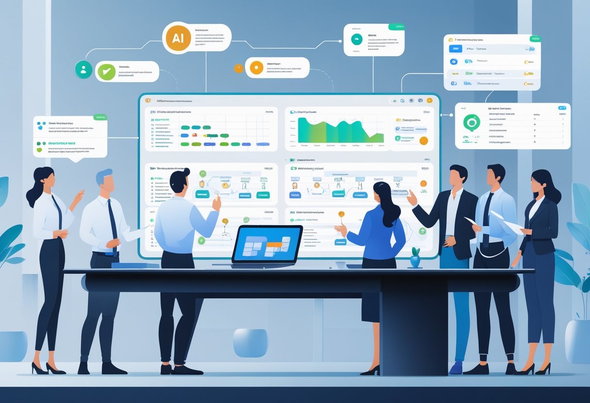 A group of professionals collaborating around a desk with digital displays showing project timelines and task management visuals.