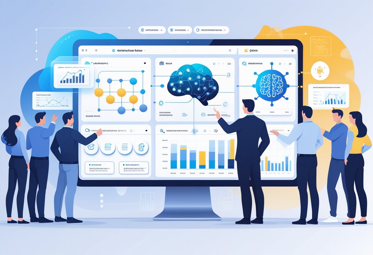A digital dashboard showing interconnected tasks and timelines for AI project planning, with professionals collaborating around a computer screen.