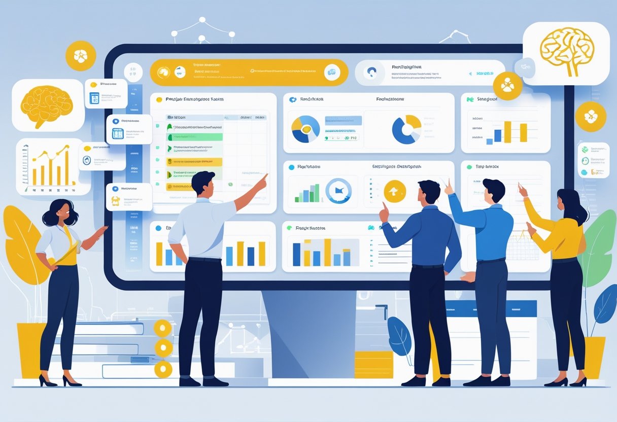 A group of professionals collaborating around a large digital display with project timelines and AI-generated data visualizations in a modern office.