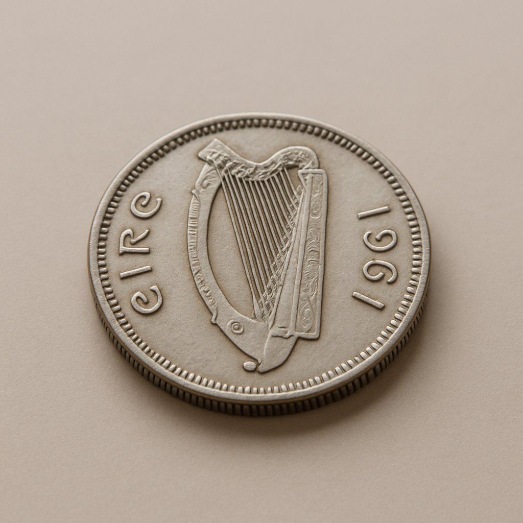 Close-up of an Irish threepence coin showing the harp emblem on a plain background.