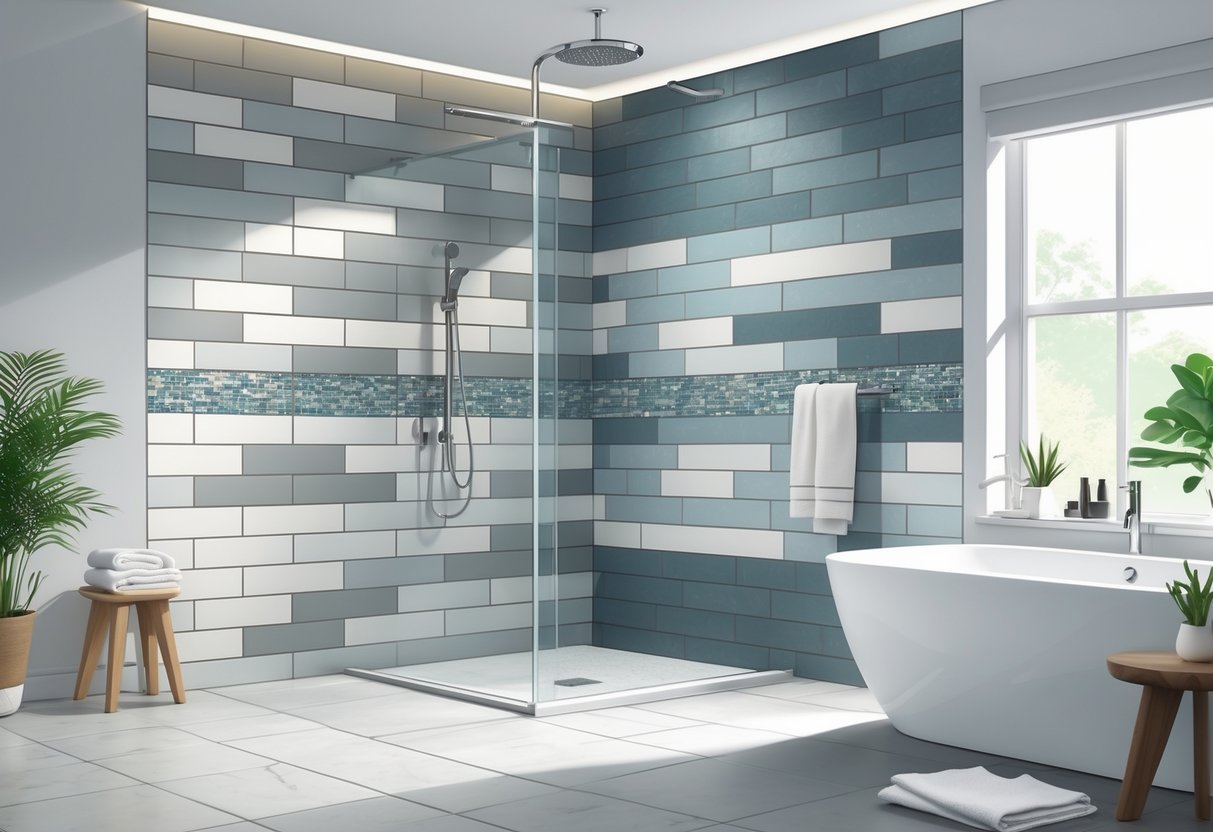 A modern bathroom with tiled walls and a walk-in shower featuring a variety of neutral-coloured wall tiles and a mosaic accent strip.